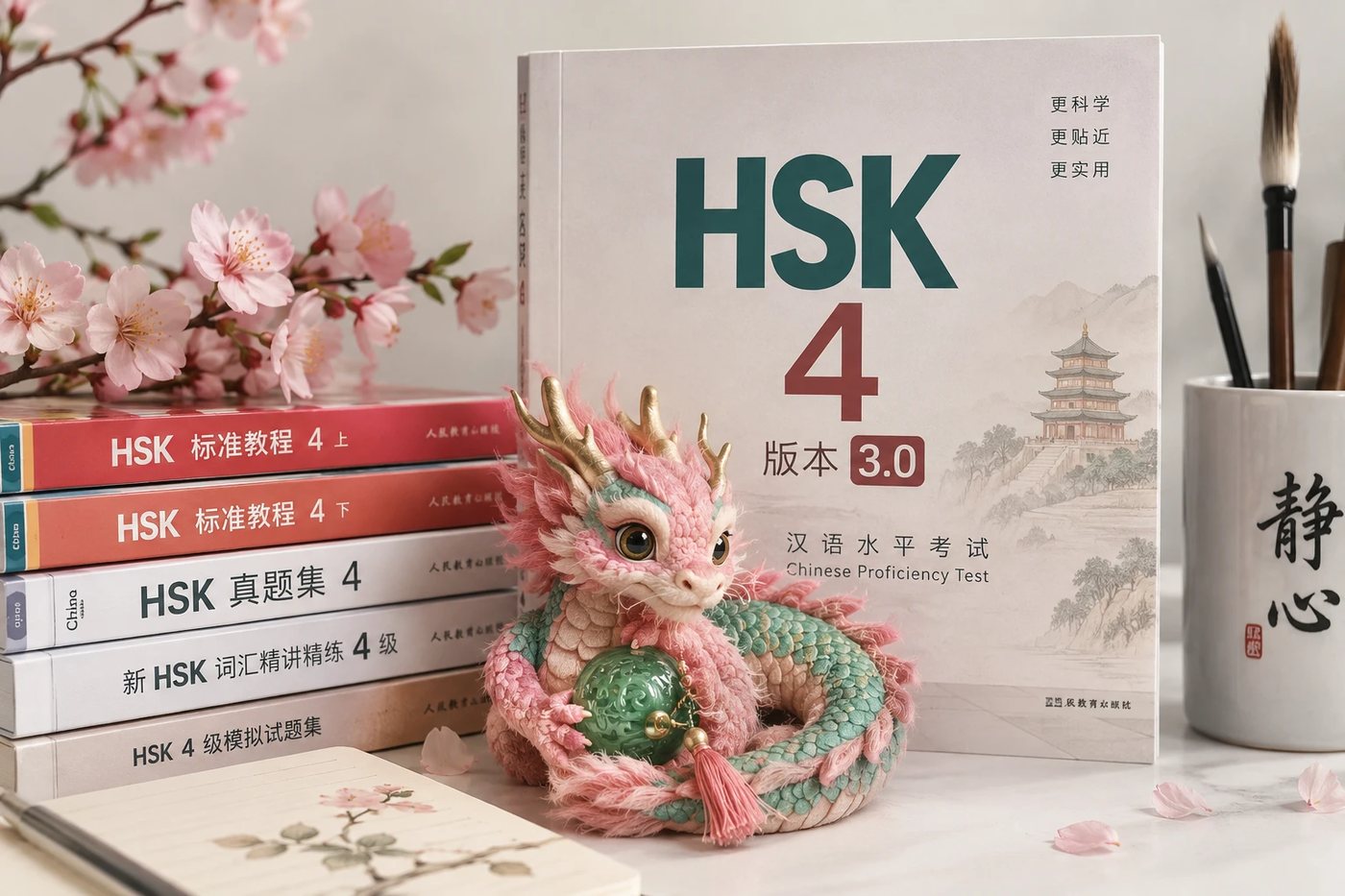 Учебник HSK 4 версии 3.0, стопка пособий и игрушечный дракон с нефритовым шаром